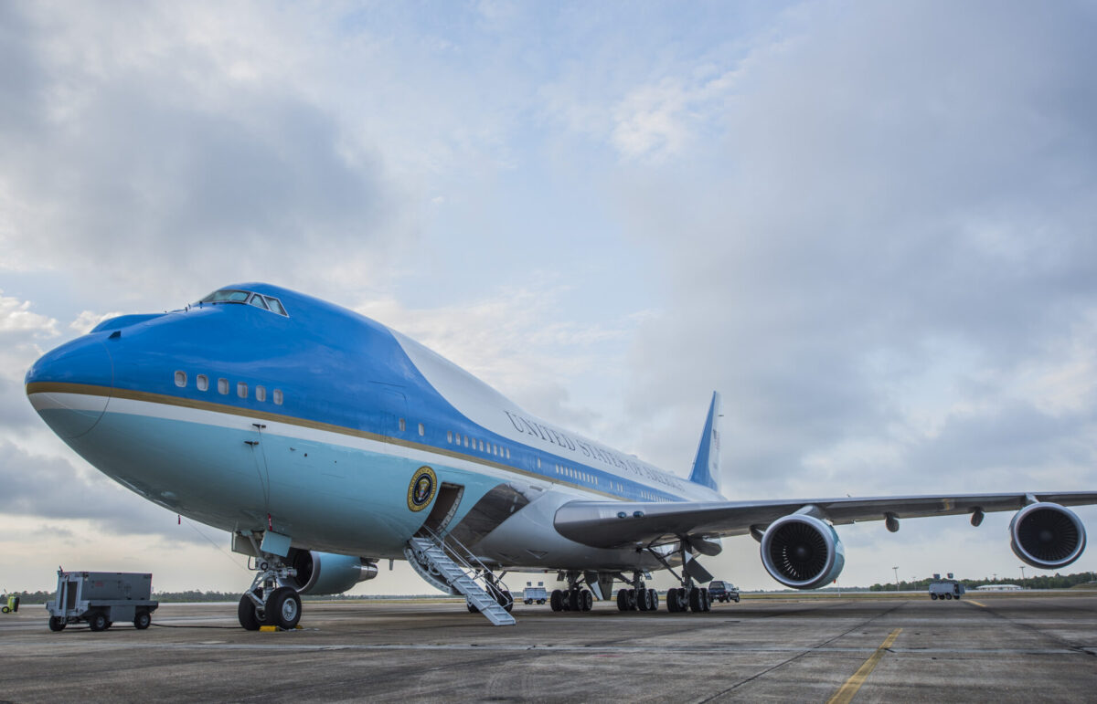 Air Force One VC 25A showing baggage loader and extra stairs